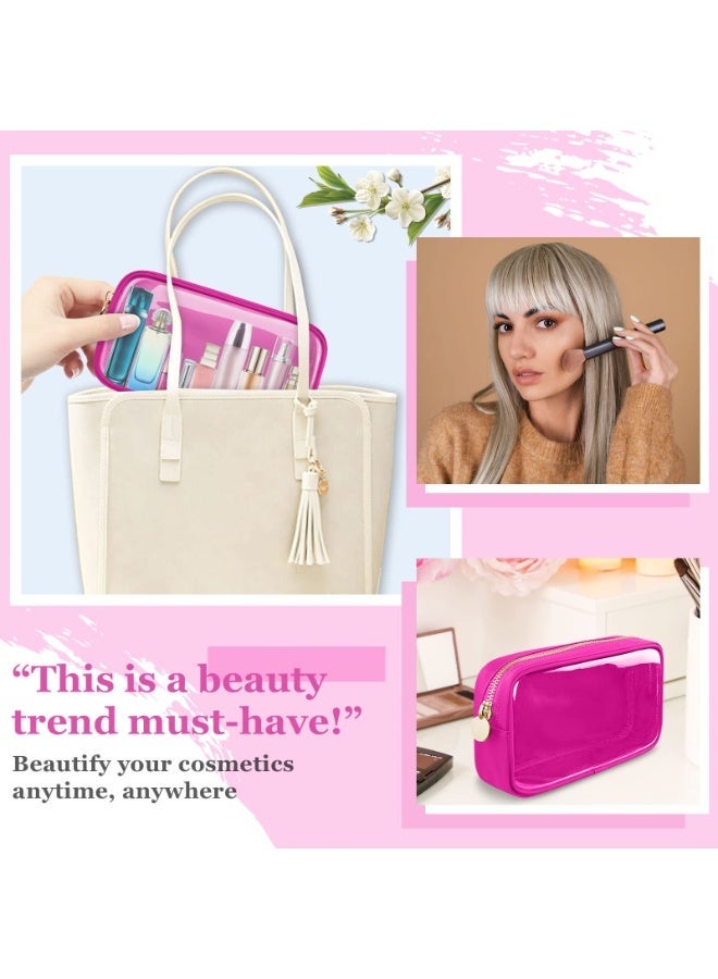 jaexest صغيرة واضحة السفر ماكياج منظم حقيبة للمحفظة، كيس ماكياج Preppy لطيف مستحضرات التجميل سحاب حقيبة المحفظة، شفافة PVC والنايلون الماء المرحاض تخزين مخابط حقيبة العملة للنساء البنات (الساخنة الوردية) - Image 5