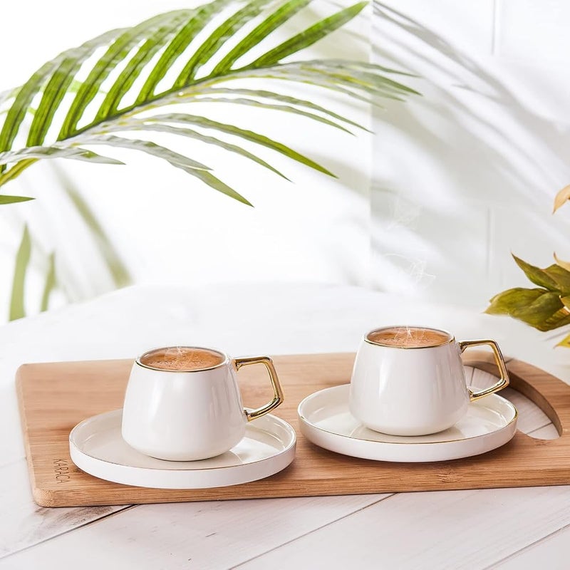 KARACA Saturn Turkish Coffee Cups, Espresso Cups Set of 2 includes 4 Pieces, 3 oz Espresso Cup Set, Small Espresso Cups and Saucers, Set of 2 Demitasse Cups with Gold Handle on White Porcelain - Image 2