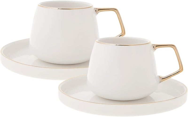 KARACA Saturn Turkish Coffee Cups, Espresso Cups Set of 2 includes 4 Pieces, 3 oz Espresso Cup Set, Small Espresso Cups and Saucers, Set of 2 Demitasse Cups with Gold Handle on White Porcelain - Image 1