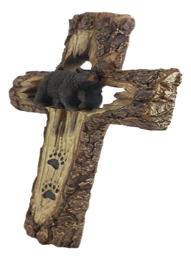 Ebros Gift 14" Tall Rustic Western Black Bear With Paw Prints Wall Cross Decor Hanging Plaque Distressed Wood Look Sculpture Catholic Christian Country Bears Cubs Cabin Lodge Accent Decorative Crosses - Image 2