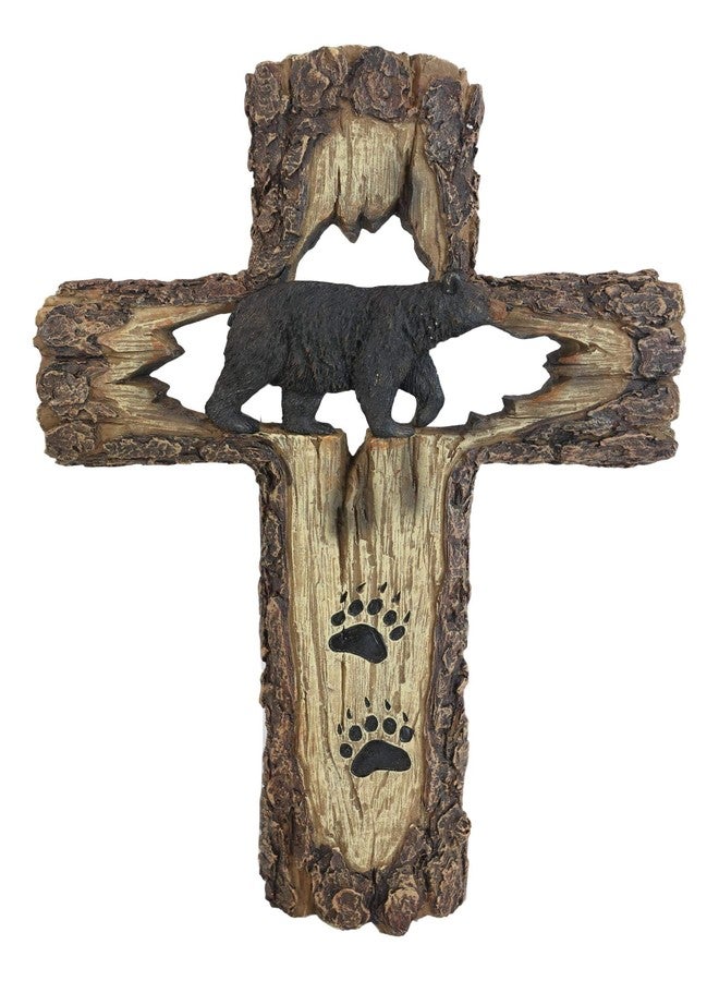 Ebros Gift 14" Tall Rustic Western Black Bear With Paw Prints Wall Cross Decor Hanging Plaque Distressed Wood Look Sculpture Catholic Christian Country Bears Cubs Cabin Lodge Accent Decorative Crosses - Image 1