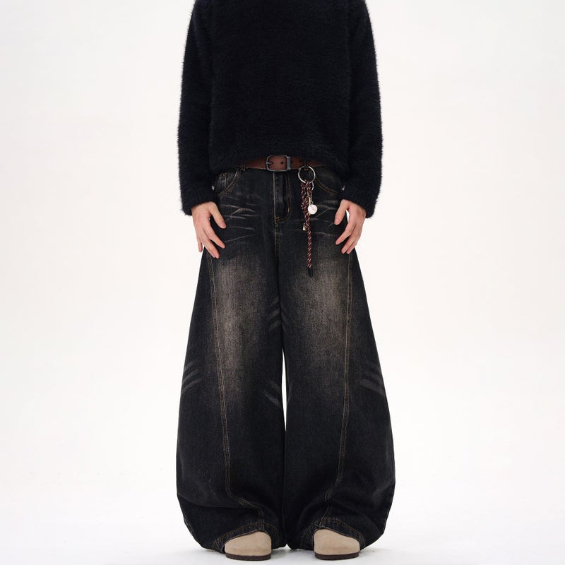 American Retro Washed Whisker Design Black Scimitar Jeans For Men And Women, Wide-Leg Loose Drape Distressed Pants - Image 1