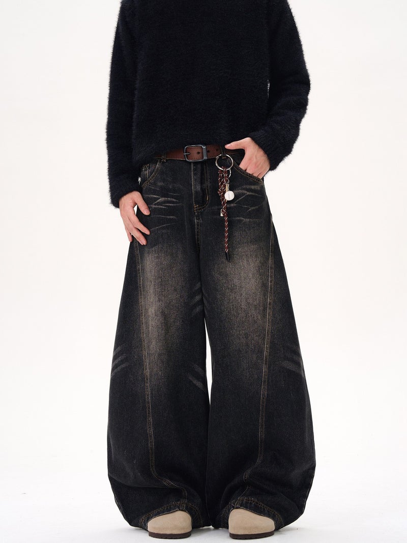 American Retro Washed Whisker Design Black Scimitar Jeans For Men And Women, Wide-Leg Loose Drape Distressed Pants - Image 3