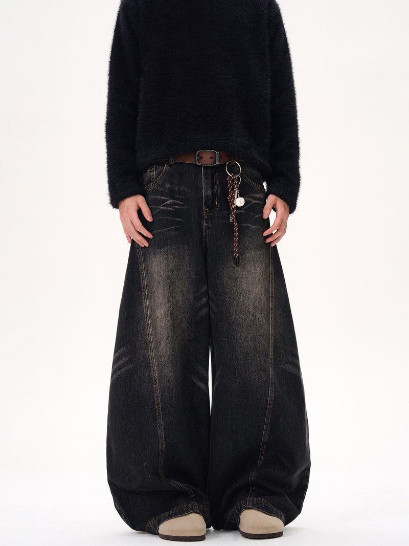 American Retro Washed Whisker Design Black Scimitar Jeans For Men And Women, Wide-Leg Loose Drape Distressed Pants - Image 5