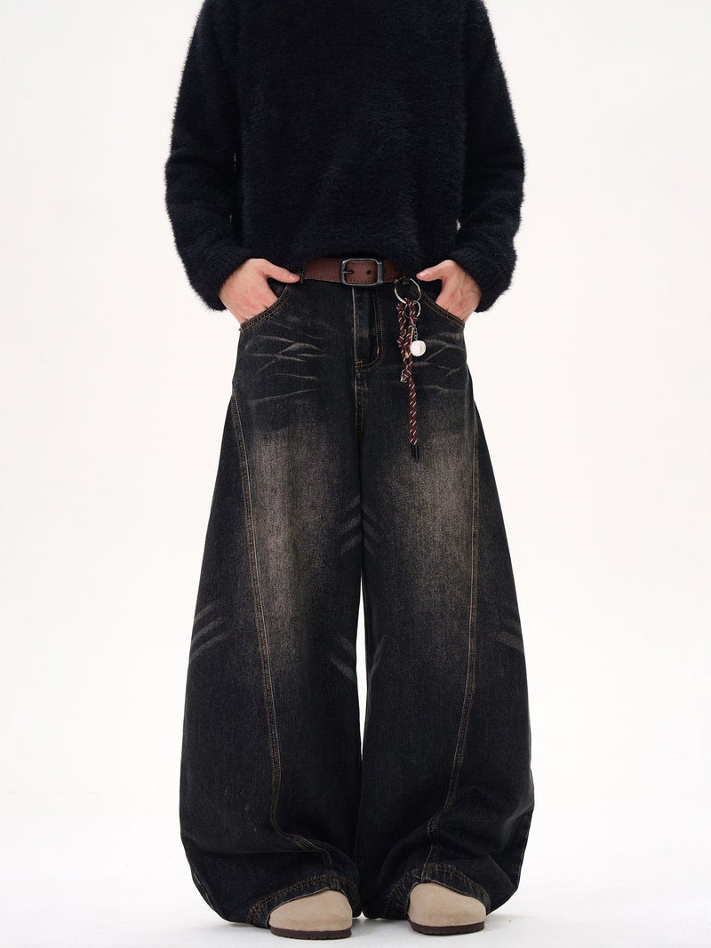 American Retro Washed Whisker Design Black Scimitar Jeans For Men And Women, Wide-Leg Loose Drape Distressed Pants - Image 4