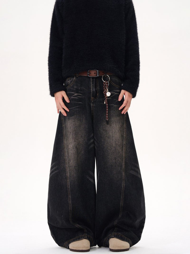 American Retro Washed Whisker Design Black Scimitar Jeans For Men And Women, Wide-Leg Loose Drape Distressed Pants - Image 2