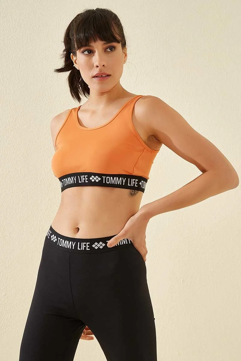 Tommy Life Orange Women's Letter Striped Standard Pattern U Neck Sports Bustier - 97113