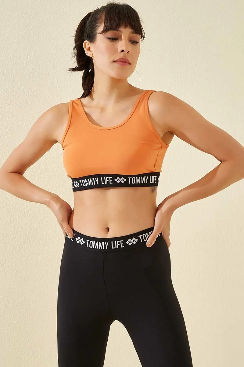 Tommy Life Orange Women's Letter Striped Standard Pattern U Neck Sports Bustier - 97113