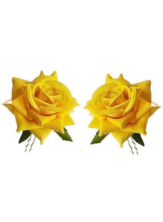 SURAKO COLLECTIONS Handmade Bride baby pink Rose Floral Juda Pin For Women and Girls | Elegant baby pink Rose U-shaped Hair Pin Wedding Hair Accessories | Pack Of 2 (Yellow) - Image 1