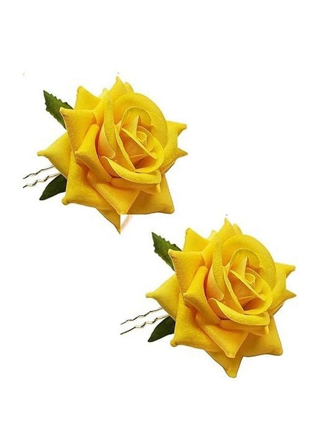 SURAKO COLLECTIONS Handmade Bride baby pink Rose Floral Juda Pin For Women and Girls | Elegant baby pink Rose U-shaped Hair Pin Wedding Hair Accessories | Pack Of 2 (Yellow) - Image 4