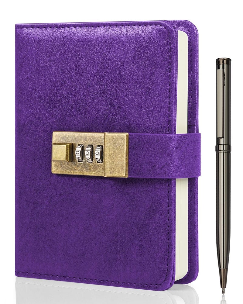 WEMATE Journal with Lock, A6 PU Leather Diary with Lock 192 Pages, Locks Journal Password Notebook with Pen, Locking Diary for Men and Women 4.3X 6.18in Purple - Image 1