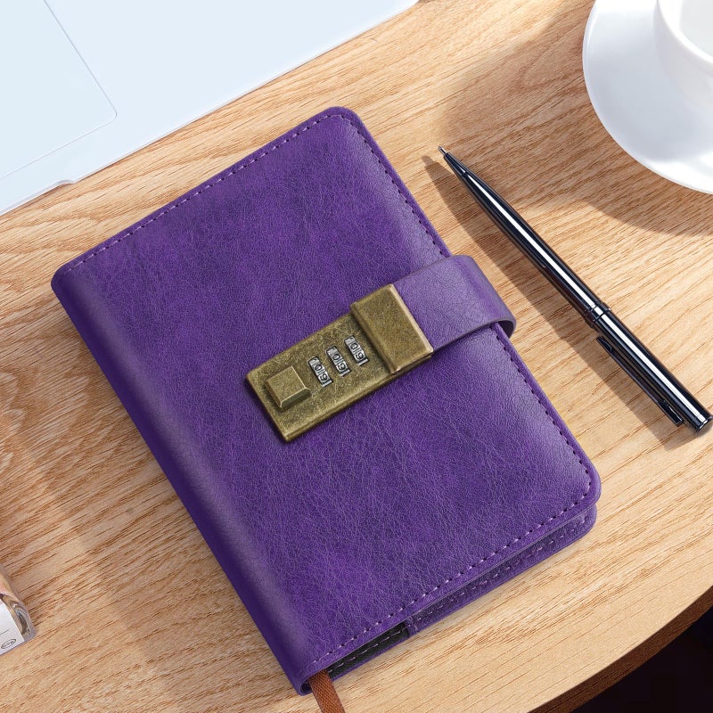 WEMATE Journal with Lock, A6 PU Leather Diary with Lock 192 Pages, Locks Journal Password Notebook with Pen, Locking Diary for Men and Women 4.3X 6.18in Purple - Image 4