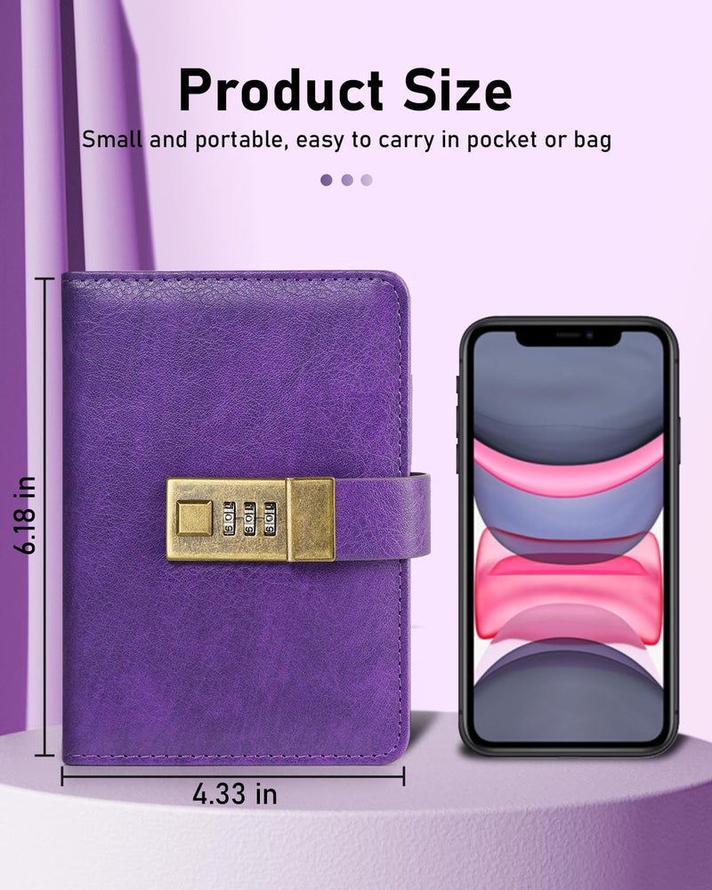 WEMATE Journal with Lock, A6 PU Leather Diary with Lock 192 Pages, Locks Journal Password Notebook with Pen, Locking Diary for Men and Women 4.3X 6.18in Purple - Image 3