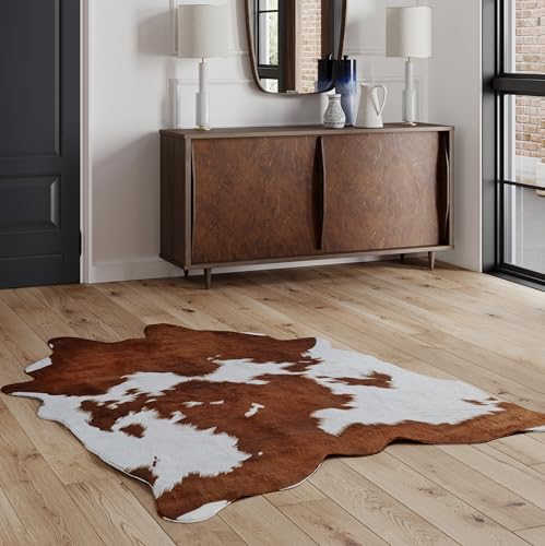 NativeSkins Faux Cowhide Rug  Brown and White Large  47 x 67  TripleLayer Support  UltraSoft Pile  HandCut Faux Suede NoSlip Backing  Western Rug  Cow Hide Animal Print