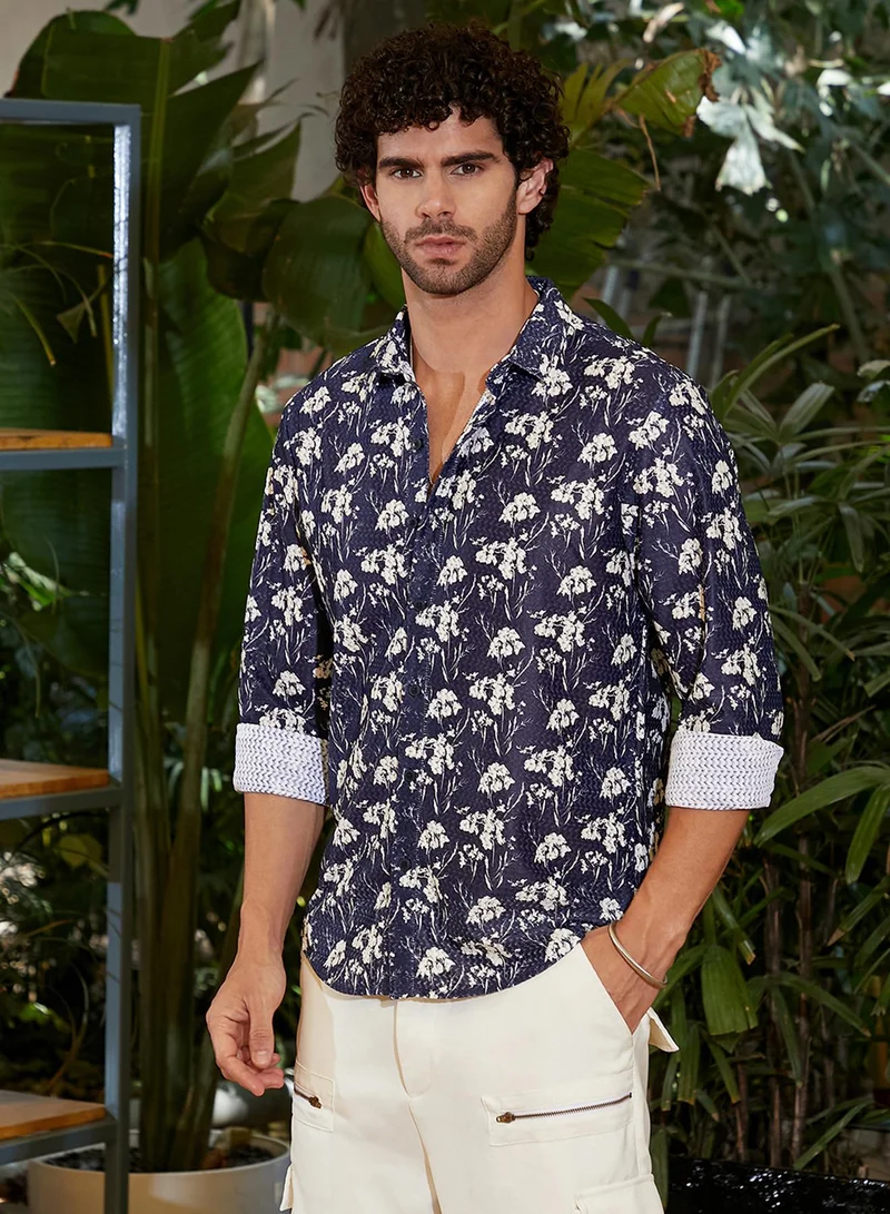 Campus Sutra Campus Sutra Men's Navy Blue Floret-Impression Shirt For Casual Wear | Spread Collar | Long Cuffed Sleeves | Button Closure | Shirt Crafted With Comfort Fit For Everyday Wear