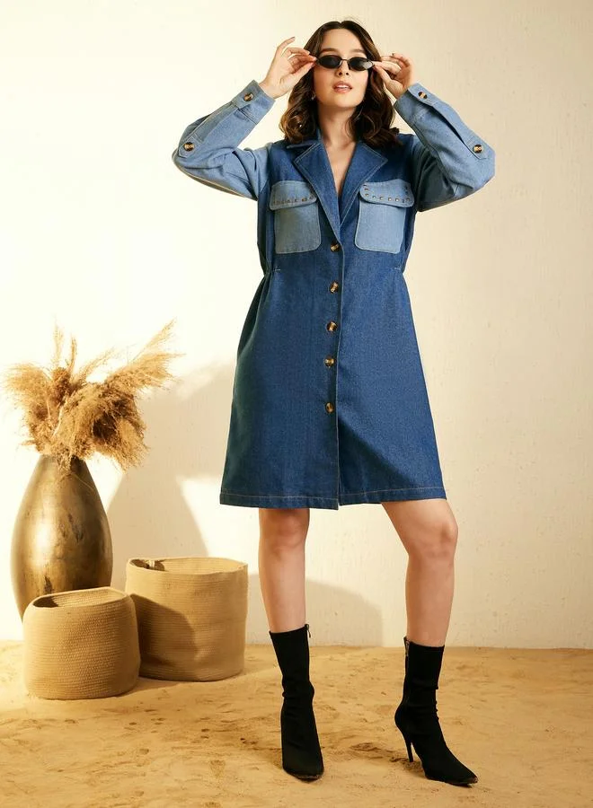 Stylestone Color Block Denim Knee Length Shirt Dress