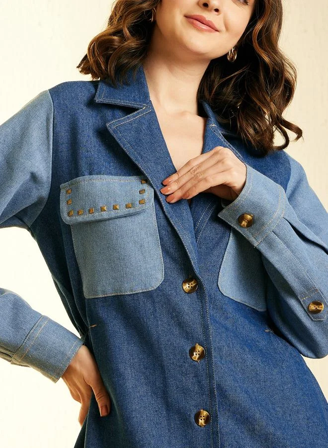 StyleStone  Stylestone Color Block Denim Knee Length Shirt Dress for Women | Best Price UAE