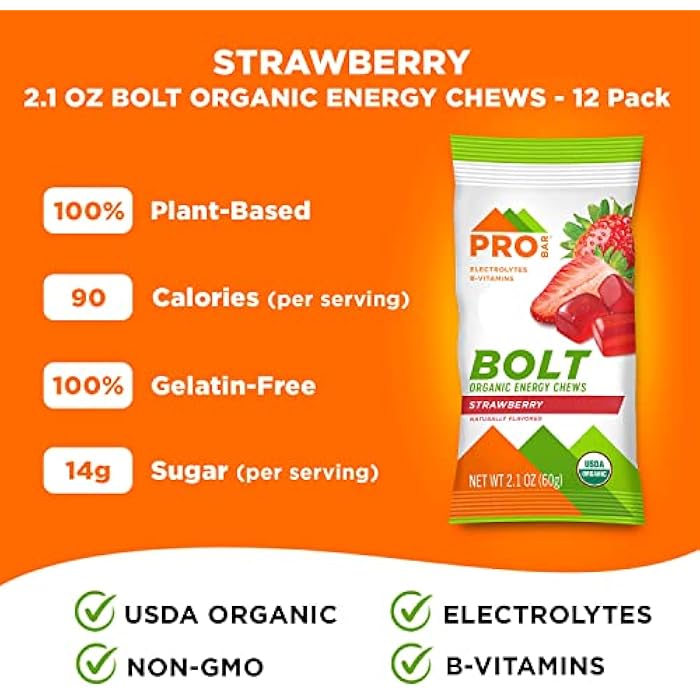 PROBAR - Bolt Organic Energy Chews, Strawberry, Non-GMO, Gluten-Free, USDA Certified Organic, Healthy, Natural Energy, Fast Fuel Gummies with Vitamins B & C (12 Count) - Image 4