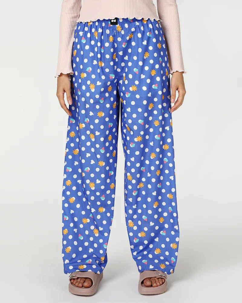 bewakoof Women's Blue & White All Over Printed Wide Leg Pyjamas