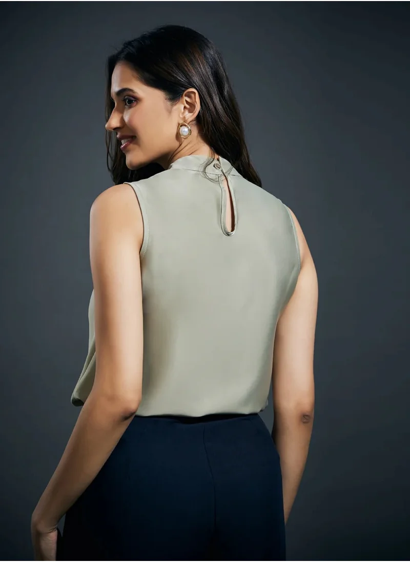 Zigzag Solid Satin Shoulder Dropped Olive Top
