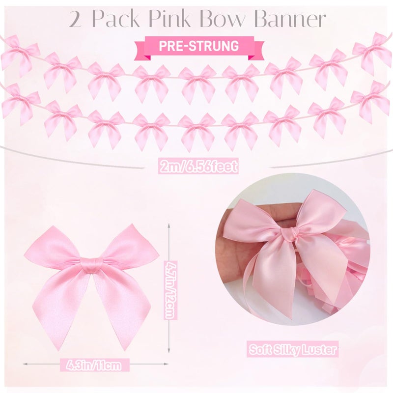 Haptda 2pcs Pink Bow Garland Banner, Pink Ribbon Bow Party Decorations for Baby Shower Girls Bow Coquette Birthday Party Decor - Image 1