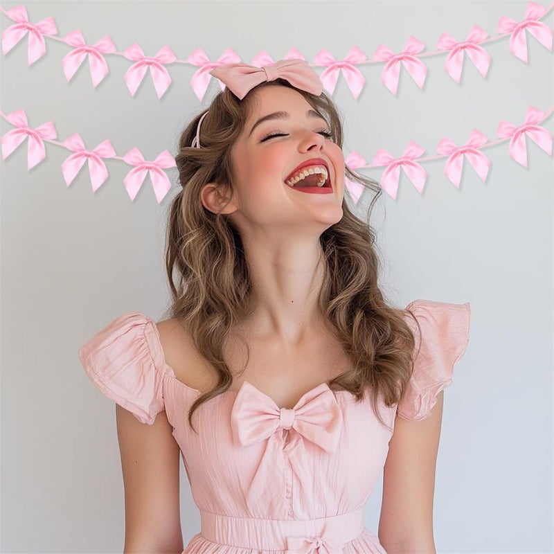 Haptda 2pcs Pink Bow Garland Banner, Pink Ribbon Bow Party Decorations for Baby Shower Girls Bow Coquette Birthday Party Decor - Image 3
