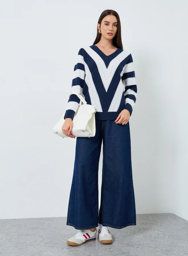 تايك تو كنزة سميكة مخططة  وأكمام طويلة