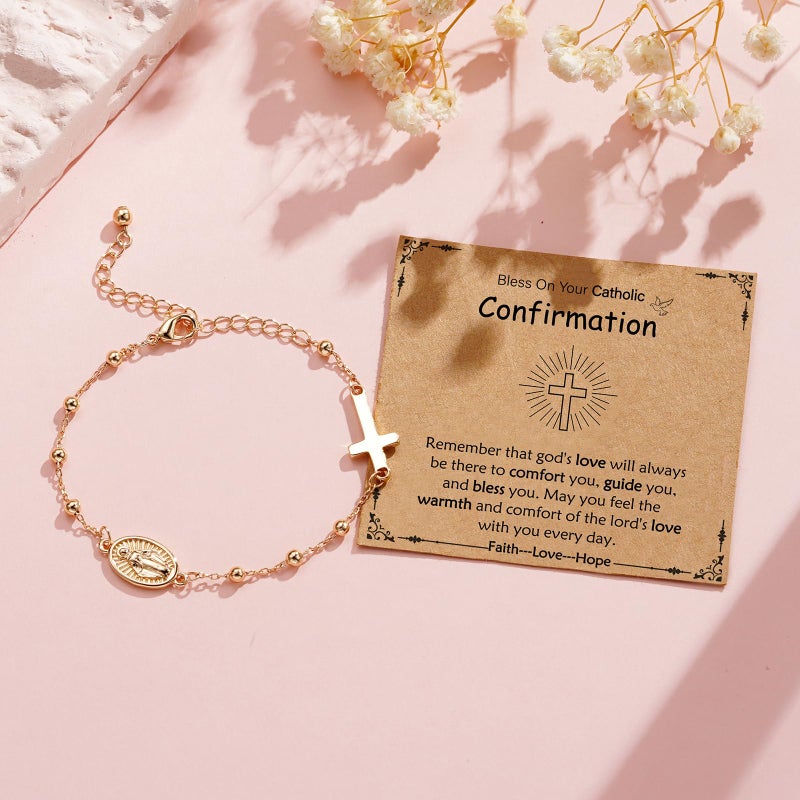 VULETO Catholic Confirmation Gifts for Teenage Girls, Virgin Mary Rosary Beads Cross Charm Link Chain Bracelet Religious Jewelry Gifts for Teenager Teen Girls Daughter Granddaughter - Image 3