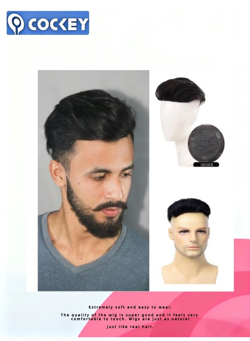 COCKEY Men's natural short wig (big slicked-back, men's natural style wig, natural black short wig, 16x18cm) - Image 1