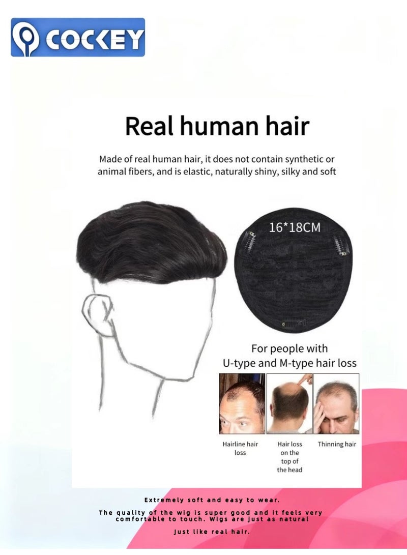 COCKEY Men's natural short wig (big slicked-back, men's natural style wig, natural black short wig, 16x18cm) - Image 2