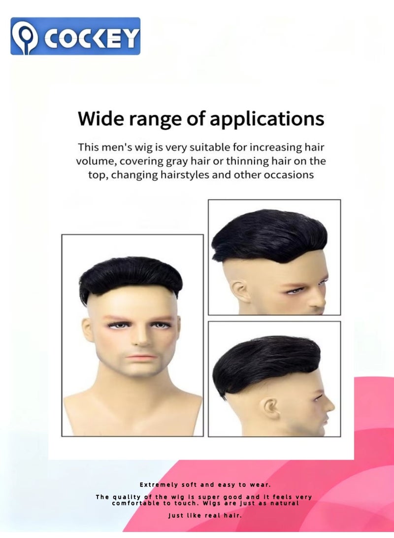 COCKEY Men's natural short wig (big slicked-back, men's natural style wig, natural black short wig, 16x18cm) - Image 5