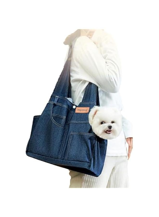 حقيبة حمل للحيوانات الأليفة من الدنيم الناعم بورسلي بجيوب للكلاب والقطط الصغيرة (متوسطة، أزرق داكن) - Image 1