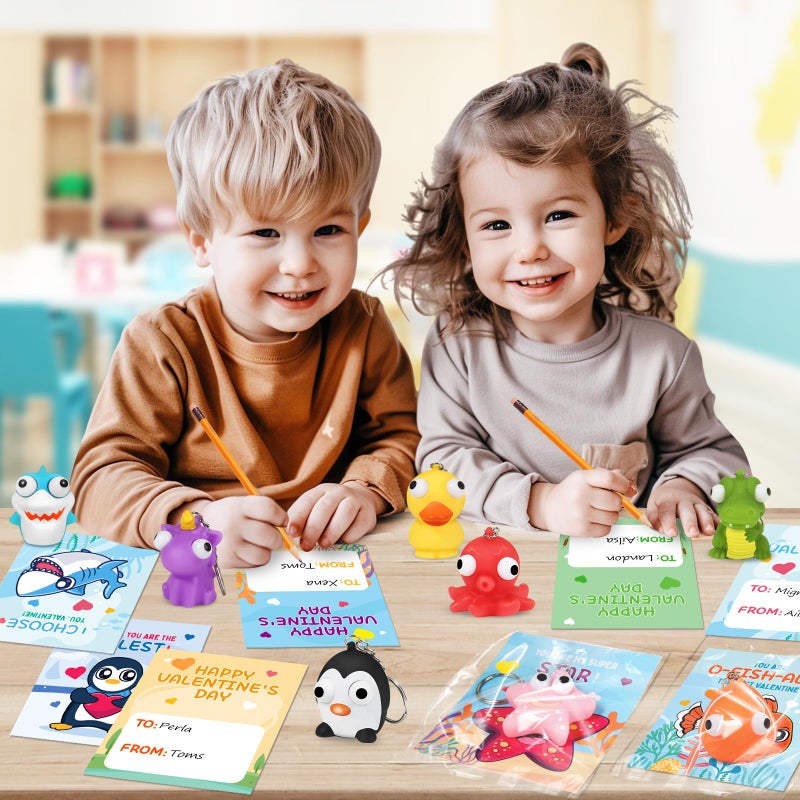 ShyLizard 24 Pack Valentine's Day Cards with Animal Popping Eyes Keychains for Kids School Classroom, Valentine's Gifts for School Exchange, Squeeze Animals with Popping Eyes Keychains Bulk for Party Favors - Image 5