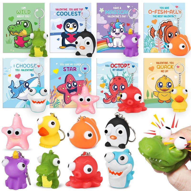 ShyLizard 24 Pack Valentine's Day Cards with Animal Popping Eyes Keychains for Kids School Classroom, Valentine's Gifts for School Exchange, Squeeze Animals with Popping Eyes Keychains Bulk for Party Favors - Image 1