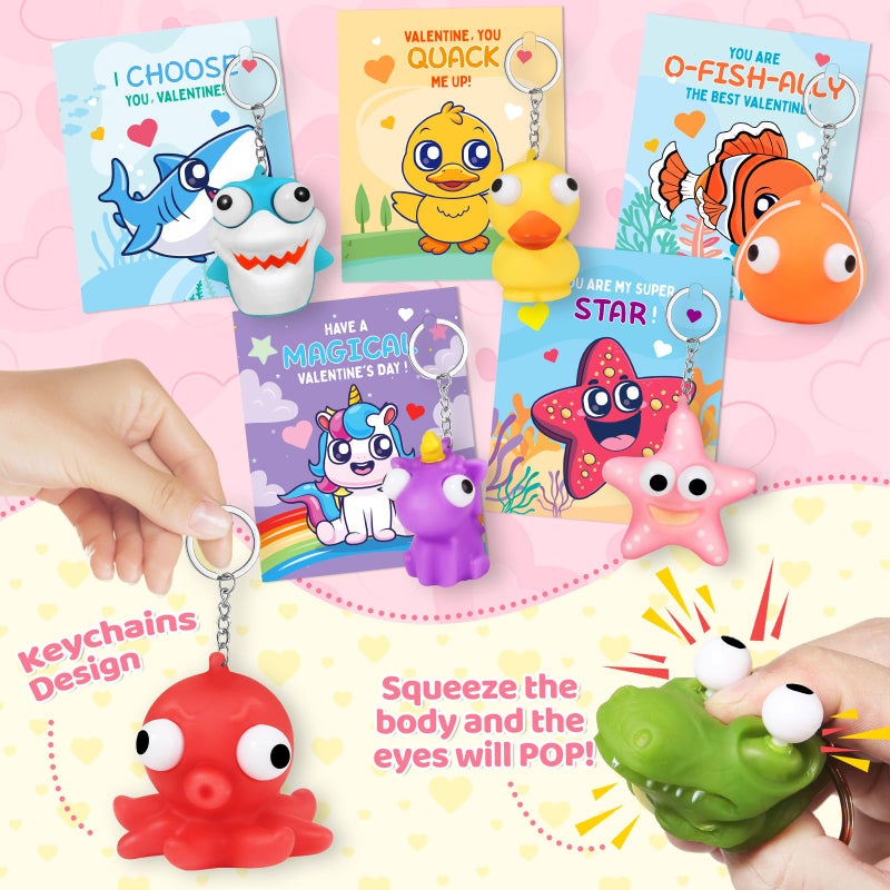 ShyLizard 24 Pack Valentine's Day Cards with Animal Popping Eyes Keychains for Kids School Classroom, Valentine's Gifts for School Exchange, Squeeze Animals with Popping Eyes Keychains Bulk for Party Favors - Image 4