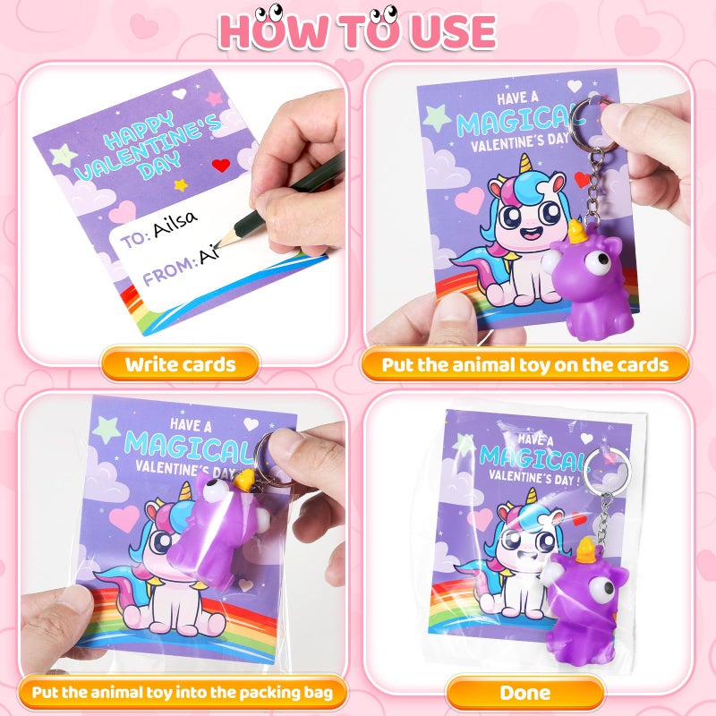 ShyLizard 24 Pack Valentine's Day Cards with Animal Popping Eyes Keychains for Kids School Classroom, Valentine's Gifts for School Exchange, Squeeze Animals with Popping Eyes Keychains Bulk for Party Favors - Image 3