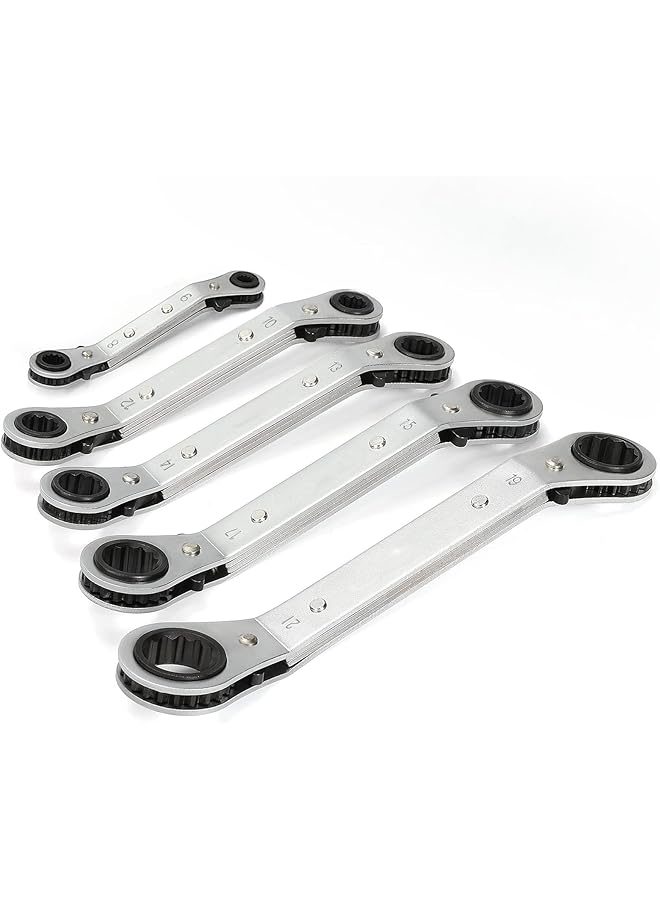 promass 5 PCS Double Offset Box End Reversible Ratcheting Wrench Set, SAE, Heavy-duty, Matte Chrome Plated, Ratchet Spanner Crooked for Narrow Spaces