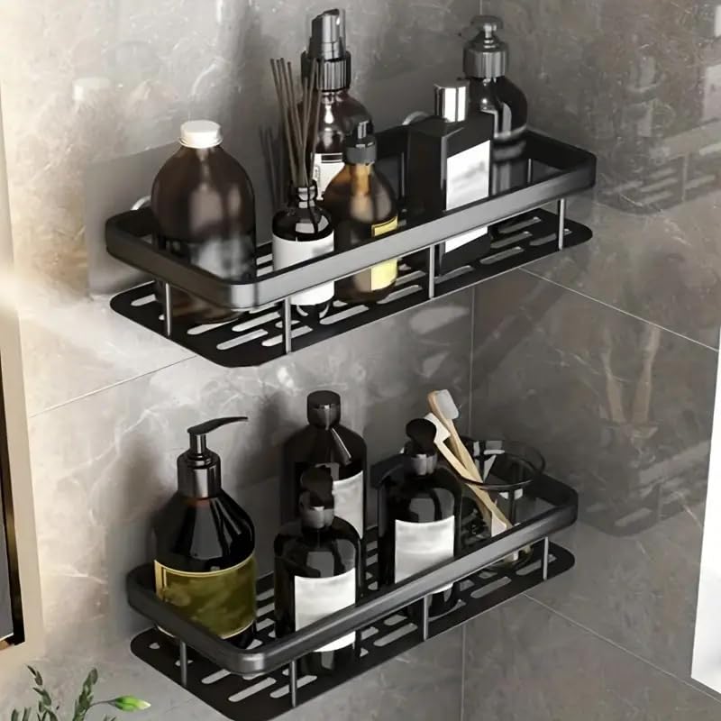 Hallstatt Pack of 2, Self Adhesive Bathroom Shelf for Wall Shelf Organizer Wall Mounted Aluminum Bathroom Shelves Rack Holder Stand for Bathroom Accessories Organiser Without Drill (Black Rectangle 2) - Image 4