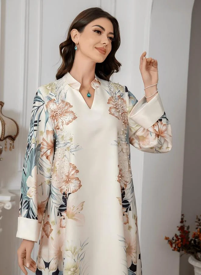 Take Two Floral Print Embellished Faux Pearl Detail Jalabiya