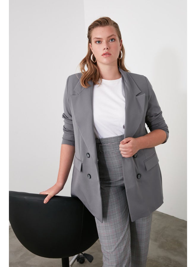 trendyol Gray Oversize Lined Double Breasted Closure Woven Blazer Jacket TWOAW20CE0130 - Image 4