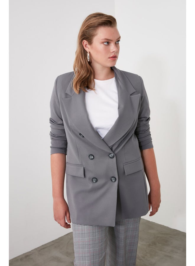 trendyol Gray Oversize Lined Double Breasted Closure Woven Blazer Jacket TWOAW20CE0130 - Image 3