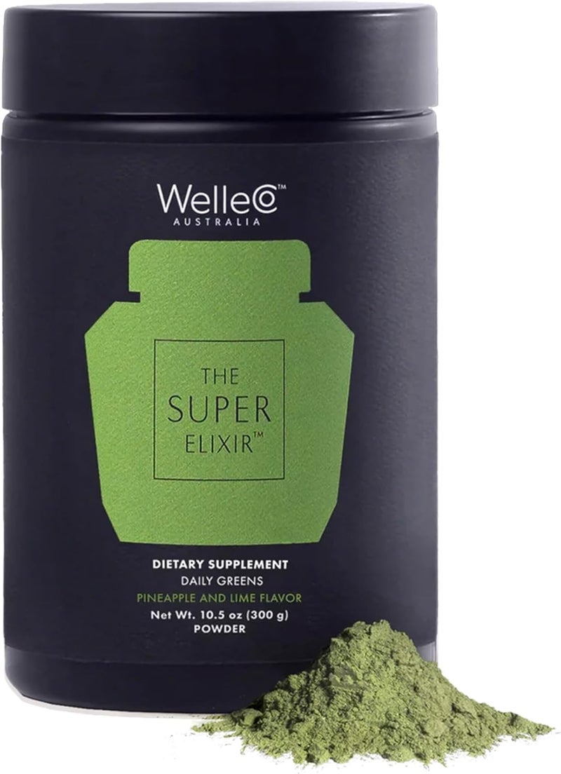 WelleCo The Super Elixir Daily Greens Powder Probiotic Drink Mix with Whole Foods Gluten Free Vegan Gut Health Powder Energy Immunity Healthy Skin Hair  Nails 300g Pineapple  Lime Jar - Image 1