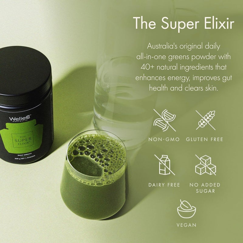 WelleCo The Super Elixir Daily Greens Powder Probiotic Drink Mix with Whole Foods Gluten Free Vegan Gut Health Powder Energy Immunity Healthy Skin Hair  Nails 300g Pineapple  Lime Jar - Image 5
