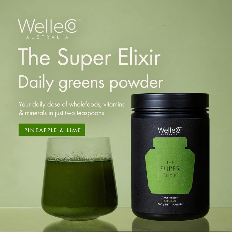 WelleCo The Super Elixir Daily Greens Powder Probiotic Drink Mix with Whole Foods Gluten Free Vegan Gut Health Powder Energy Immunity Healthy Skin Hair  Nails 300g Pineapple  Lime Jar - Image 2