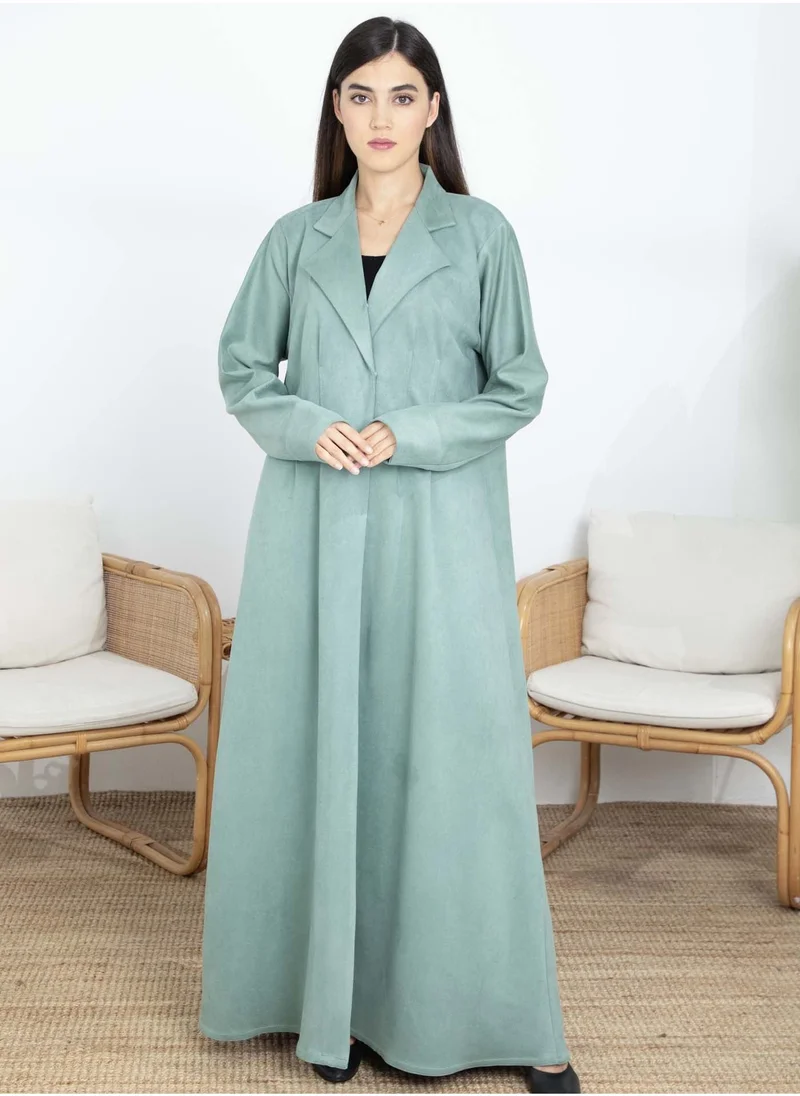 MSquare Fashion Green Suede Lapel Collar Abaya – Soft, Elegant, and Perfect for Winter