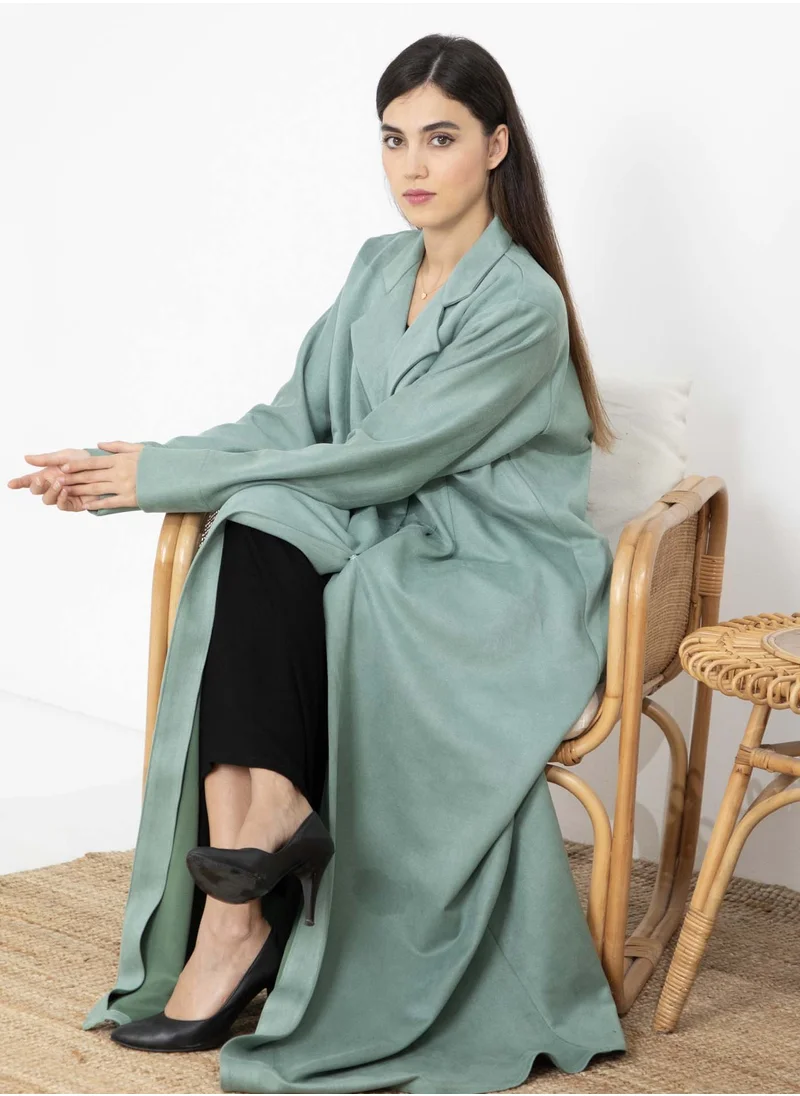 MSquare Fashion Green Suede Lapel Collar Abaya – Soft, Elegant, and Perfect for Winter