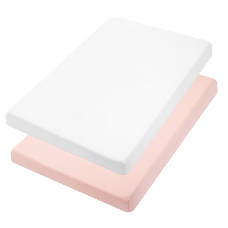 TILLYOU Mini Crib Fitted Sheets Soft Knit Sheet for Pack N Play Microfiber Mini Crib Sheets Playpen Bedding Sheet for Baby 2 Pack Machine Washable White Peachy Pink