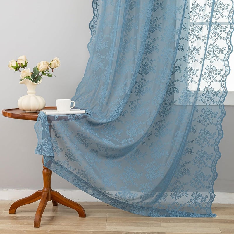 YJ YANJUN Slate Blue Lace Curtains 54 Inch Length 2 Panels for Bathroom Vintage Floral Kitchen Short Sheer Window Panels with Scalloped Edge Boho Coatal Small Window Treatments Rod Pocket W52 X L54 Denim Blue - Image 3