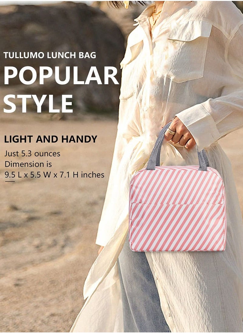 Y&D Lunch Bag Ladies / Men Insulated Tote Beach Portable Reusable Box for Office Work School Picnic or Travel (Pink Stripes)  - Image 3
