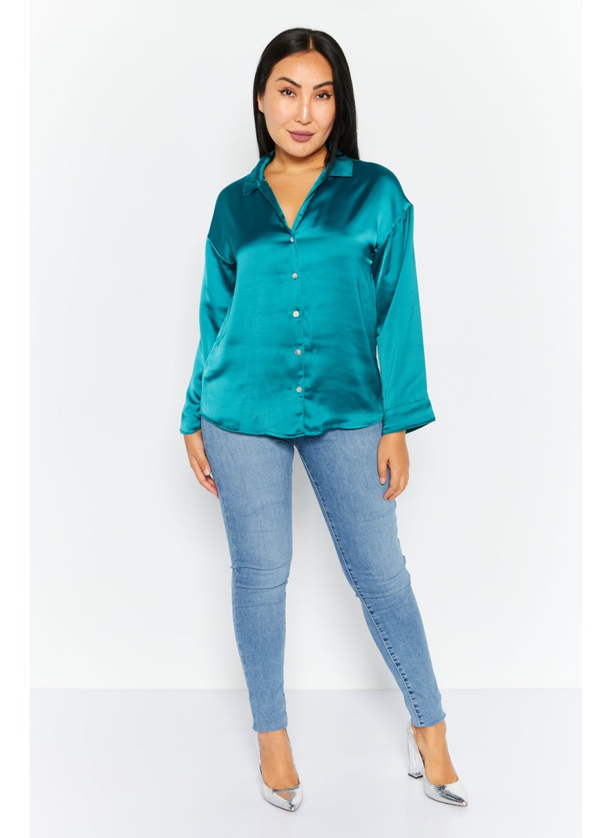 Etam Women V Neck Long Sleeve Pain Top, Green  - Image 2
